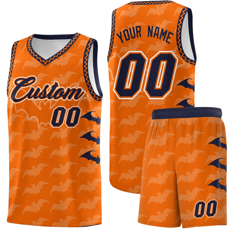 Custom Orange Navy White Bat Pattern Halloween Basketball Jersey | BuyFootballJersey