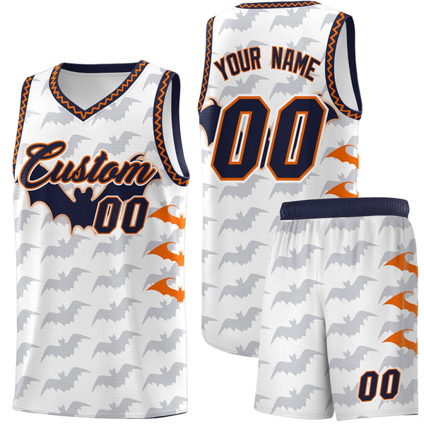 Custom White Orange Navy Bat Pattern Halloween Basketball Jersey | BuyFootballJersey