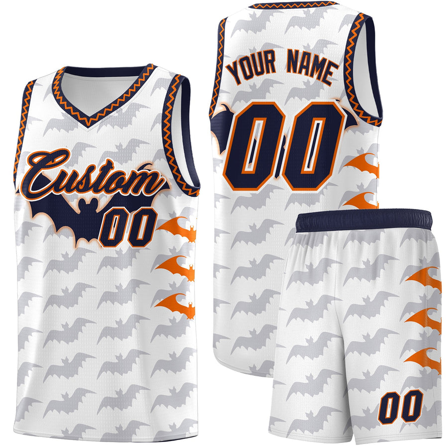 Custom White Orange Navy Bat Pattern Halloween Basketball Jersey | BuyFootballJersey