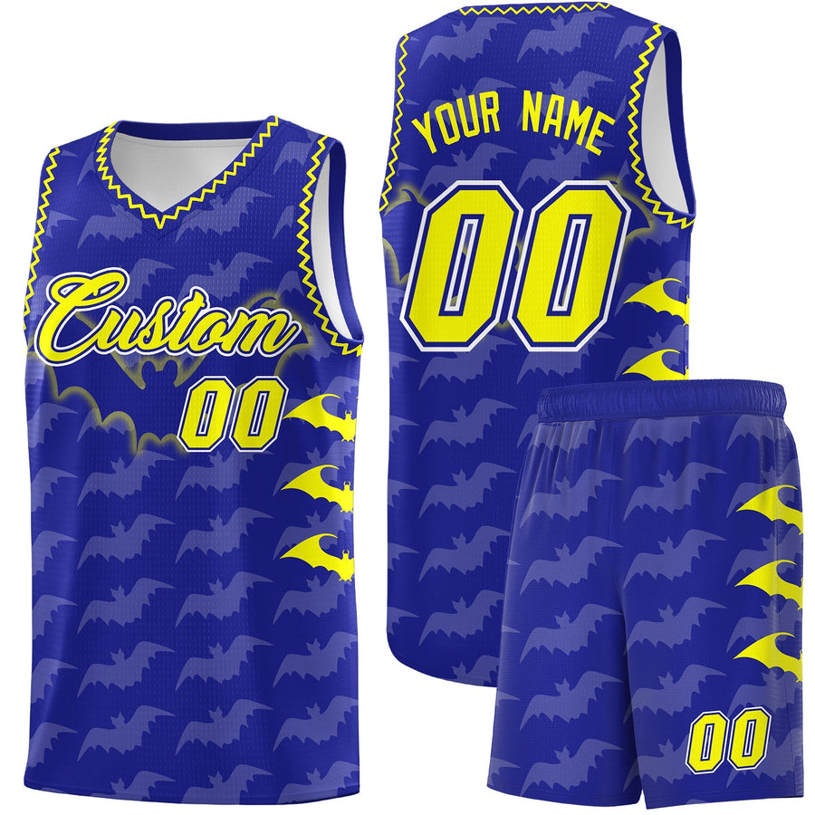 Custom Royal Fluorescent Yellow Bat Pattern Halloween Basketball Jersey | BuyFootballJersey
