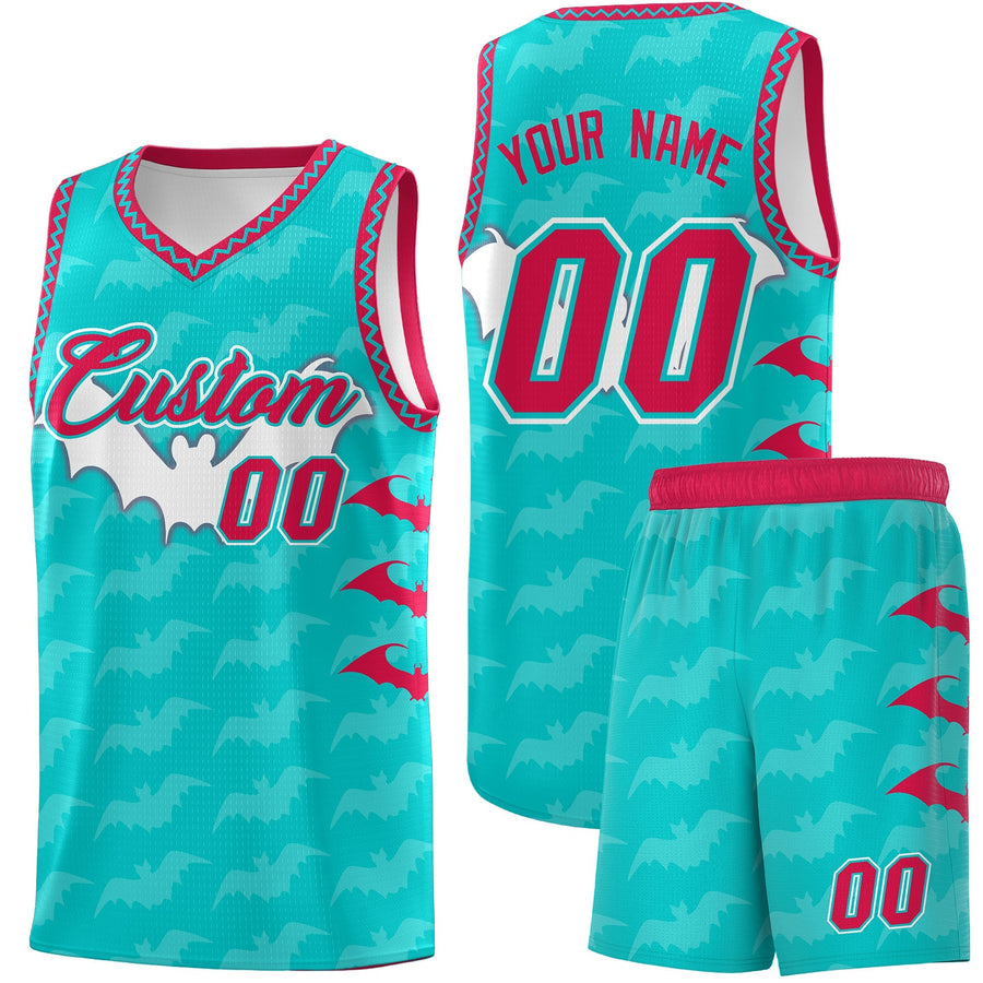 Custom Aqua White Red Bat Pattern Halloween Basketball Jersey | BuyFootballJersey