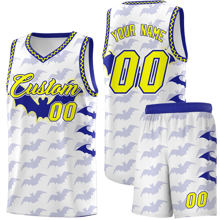 Custom White Fluorescent Yellow Bat Pattern Halloween Basketball Jersey | BuyFootballJersey