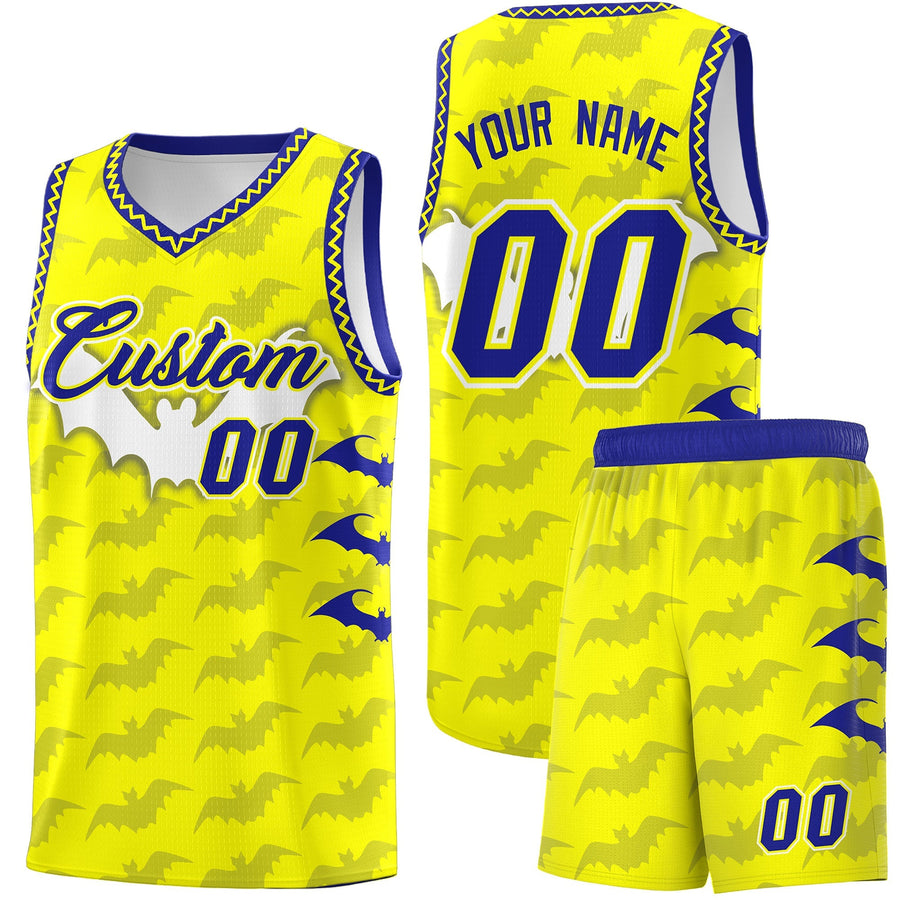 Custom Fluorescent Yellow Bat Pattern Halloween Basketball Jersey | BuyFootballJersey