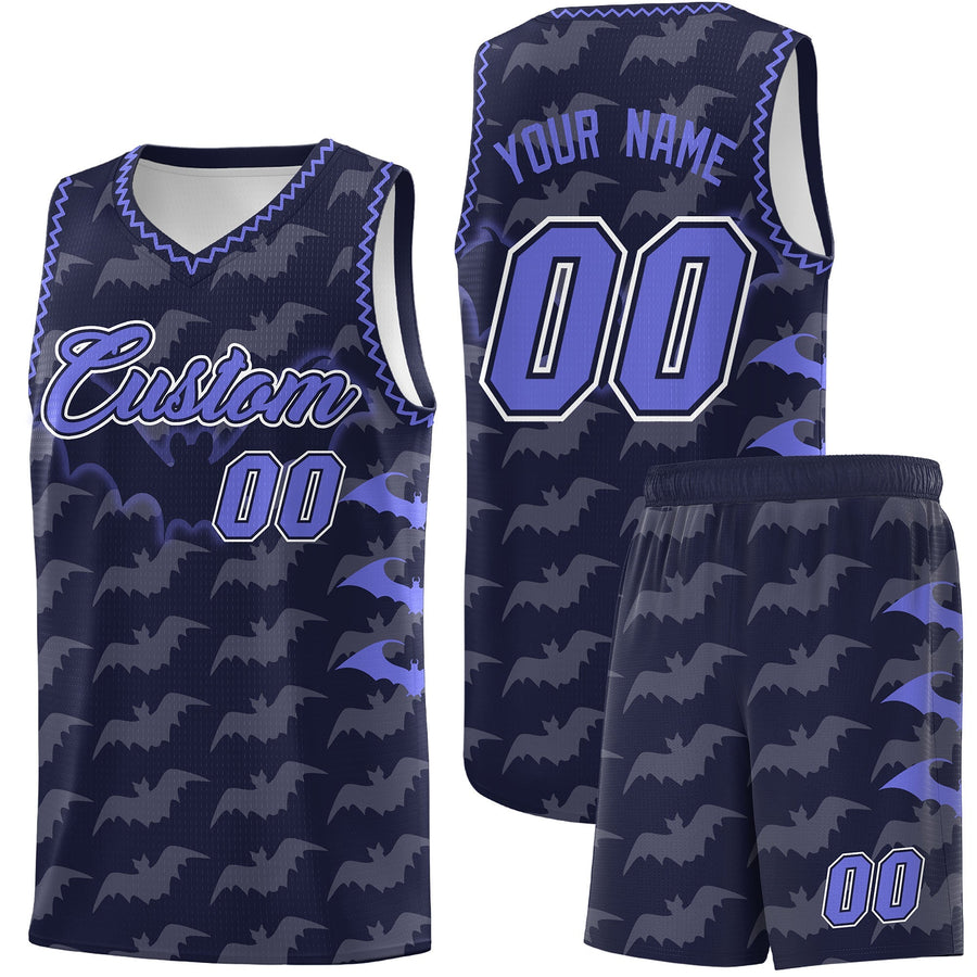 Custom Navy Purple Bat Pattern Halloween Basketball Jersey | BuyFootballJersey