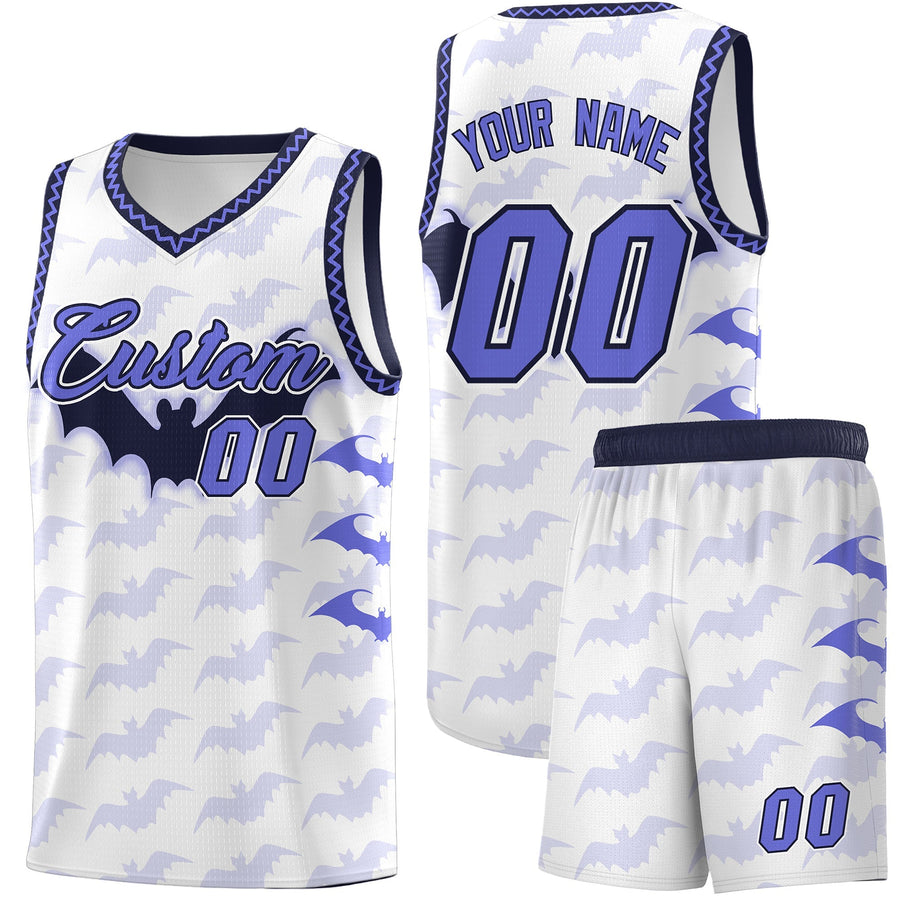 Custom White Purple Navy Bat Pattern Halloween Basketball Jersey | BuyFootballJersey