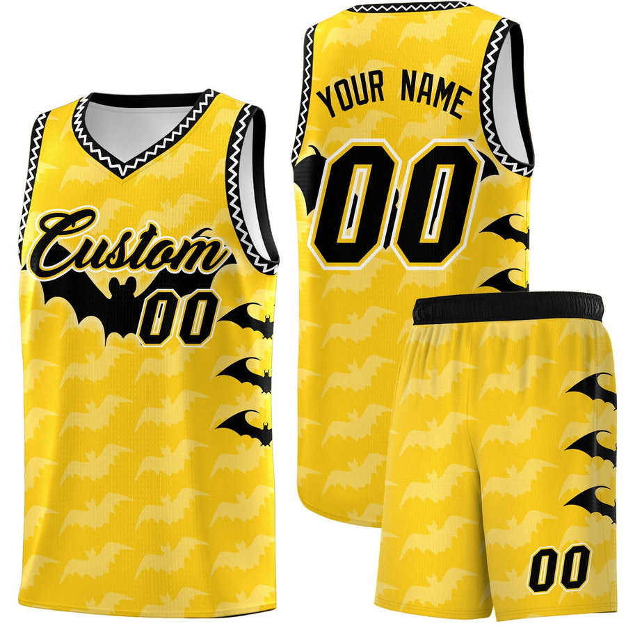 Custom Gold White Black Bat Pattern Halloween Basketball Jersey | BuyFootballJersey