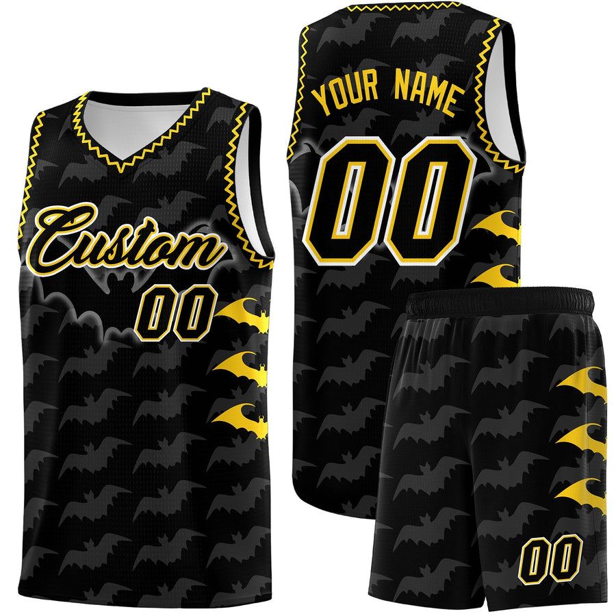 Custom Black Gold Bat Pattern Halloween Basketball Jersey | BuyFootballJersey