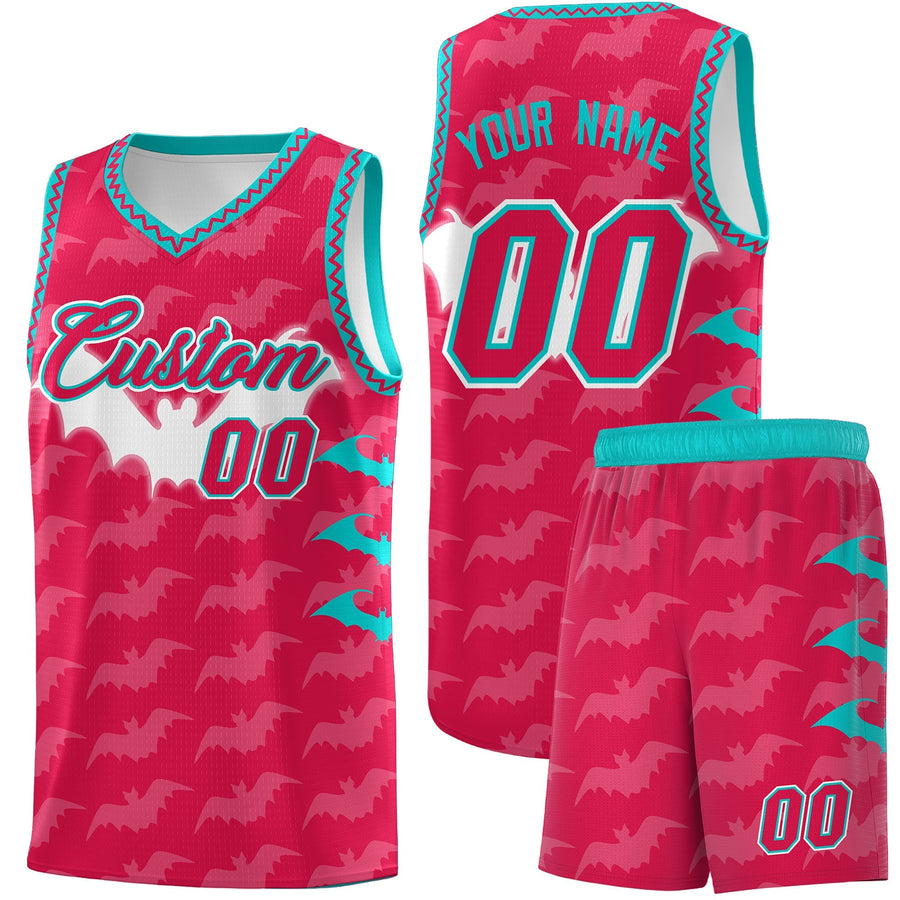 Custom Red White Aqua Bat Pattern Halloween Basketball Jersey | BuyFootballJersey