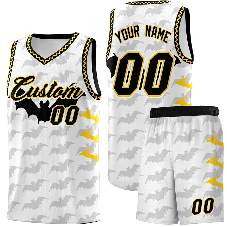 Custom White Gold Black Bat Pattern Halloween Basketball Jersey | BuyFootballJersey