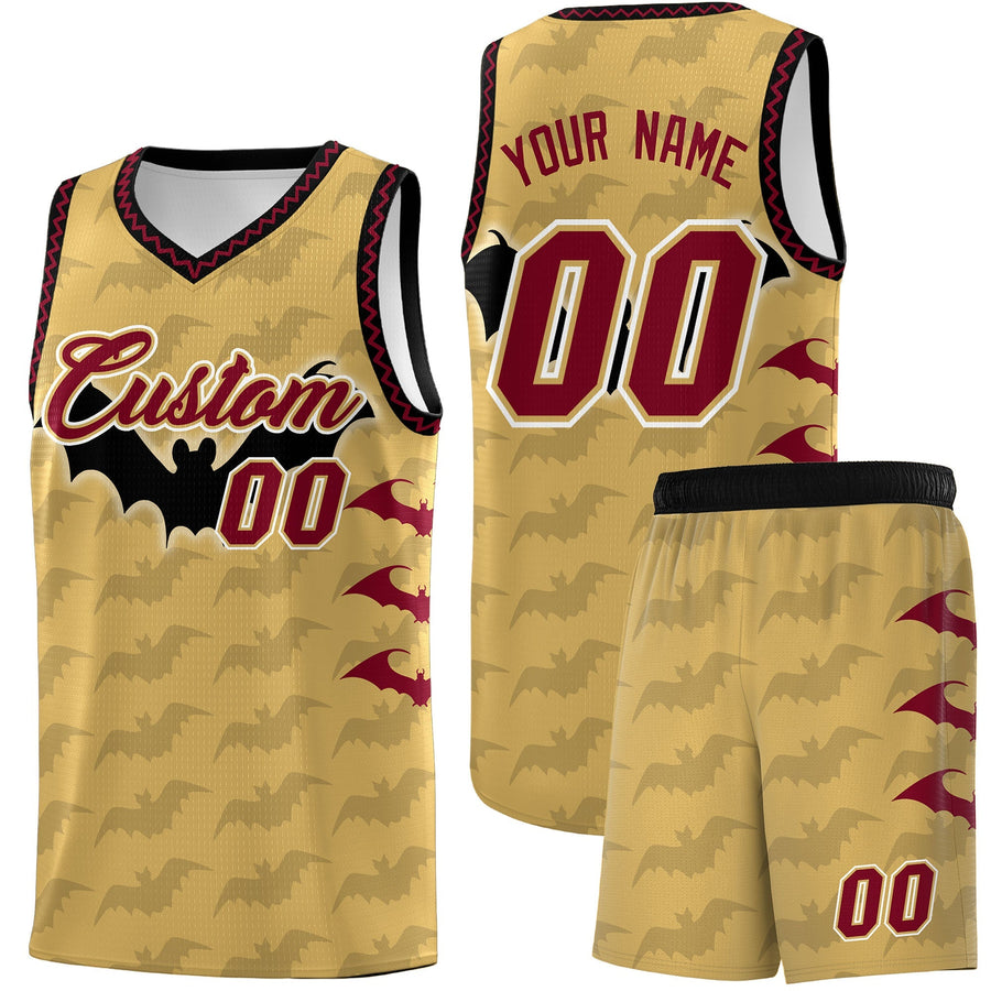 Custom Old Gold Crimson Bat Pattern Halloween Basketball Jersey | BuyFootballJersey
