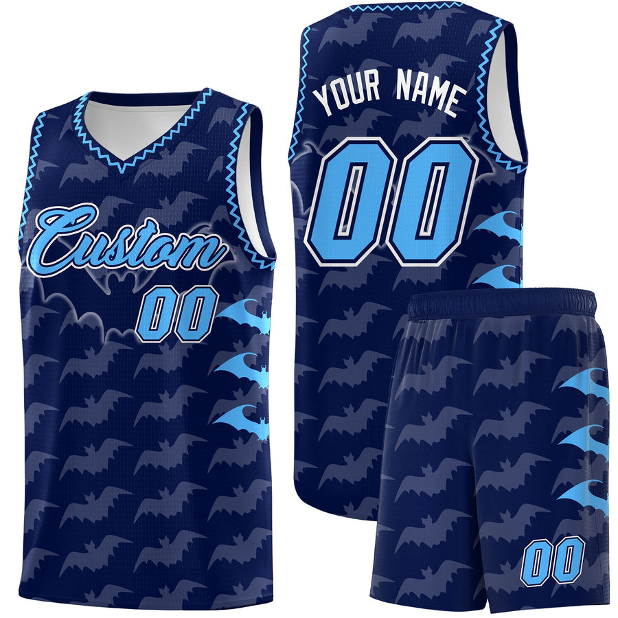 Custom Navy Powder Blue Bat Pattern Halloween Basketball Jersey | BuyFootballJersey