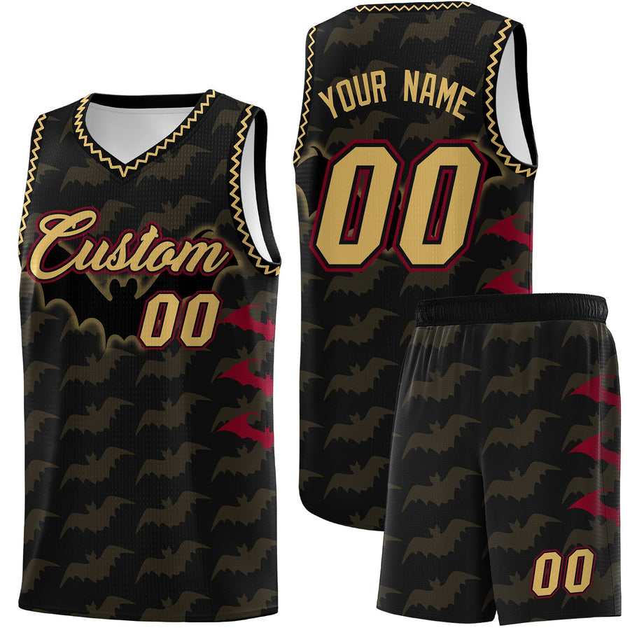 Custom Black Old Gold Crimson Bat Pattern Halloween Basketball Jersey | BuyFootballJersey