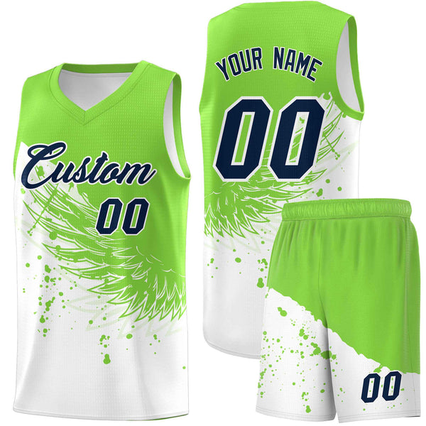 Custom White Fluorescent Green Wing Pattern Sports Uniform Basketball Jersey | BuyFootballJersey