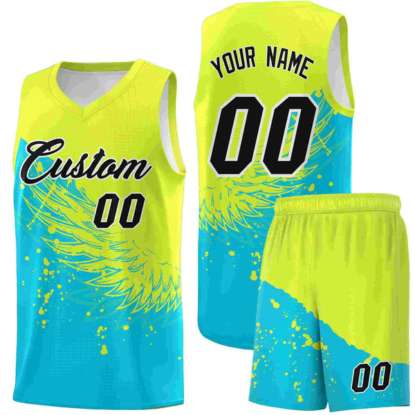 Custom Sky Blue Fluorescent Green Wing Pattern Sports Uniform Basketball Jersey | BuyFootballJersey