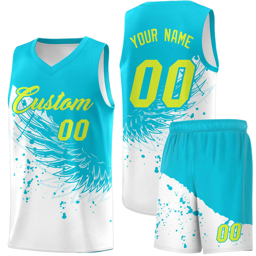 Custom White Sky Blue Wing Pattern Sports Uniform Basketball Jersey | BuyFootballJersey