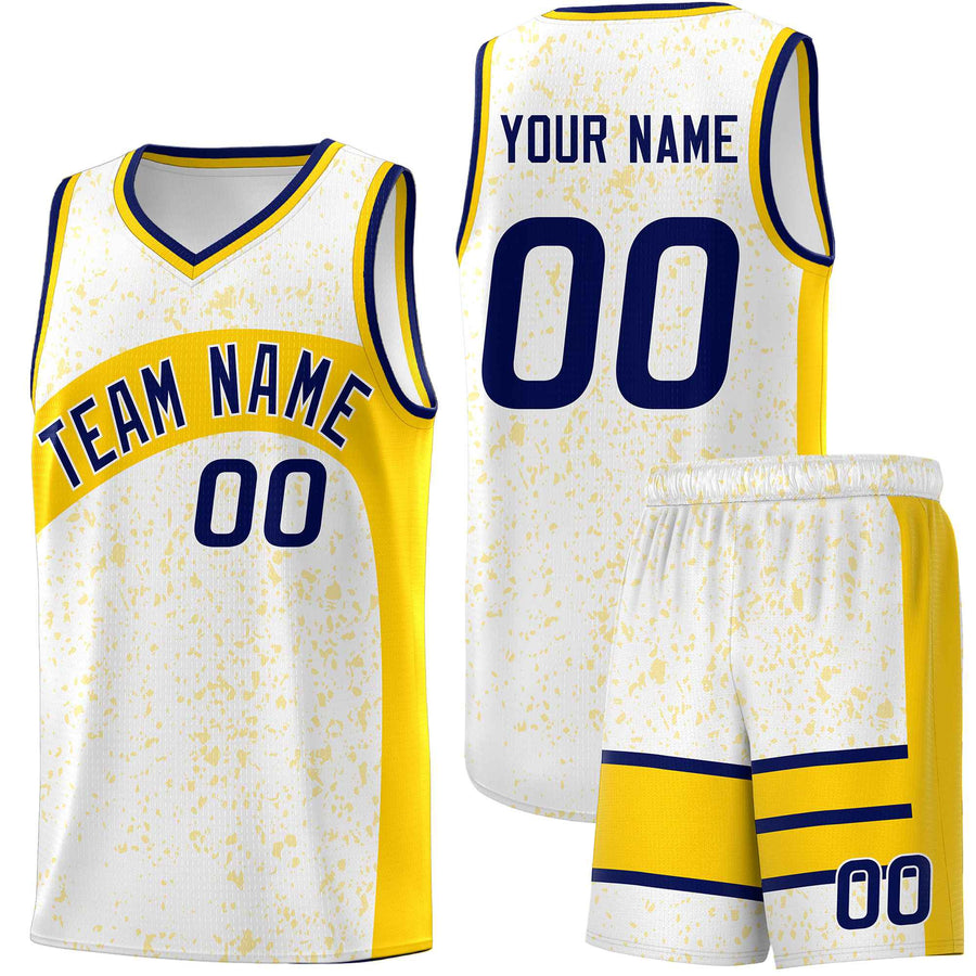 Custom White Gold Dot Graffiti Pattern Irregular Team Names Sports Uniform Basketball Jersey | BuyFootballJersey