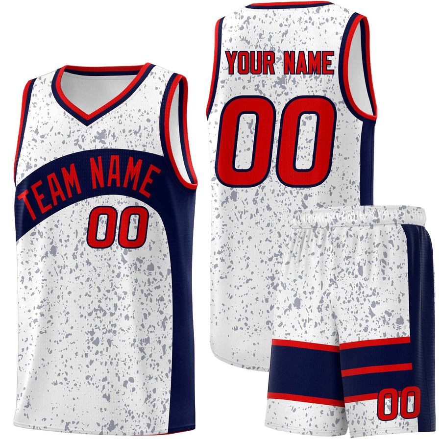 Custom White Navy Dot Graffiti Pattern Irregular Team Names Sports Uniform Basketball Jersey | BuyFootballJersey