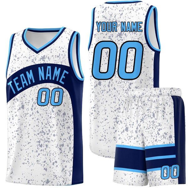 Custom White Navy Dot Graffiti Pattern Irregular Team Names Sports Uniform Basketball Jersey | BuyFootballJersey