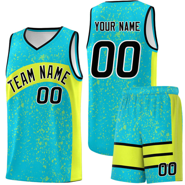 Custom Sky Blue Fluorescent Green Dot Graffiti Pattern Irregular Team Names Sports Uniform Basketball Jersey | BuyFootballJersey