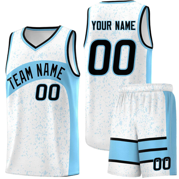 Custom White Light Blue Dot Graffiti Pattern Irregular Team Names Sports Uniform Basketball Jersey | BuyFootballJersey