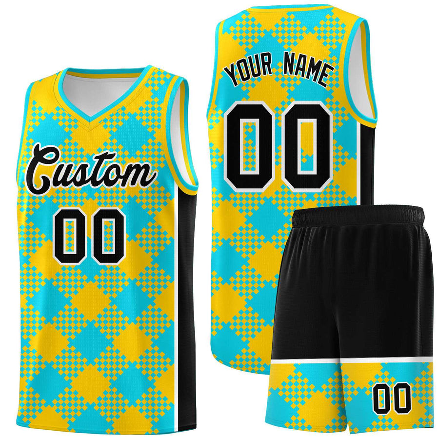 Custom Sky Blue Gold-Black Grid Basketball Kits For Team | BuyFootballJersey