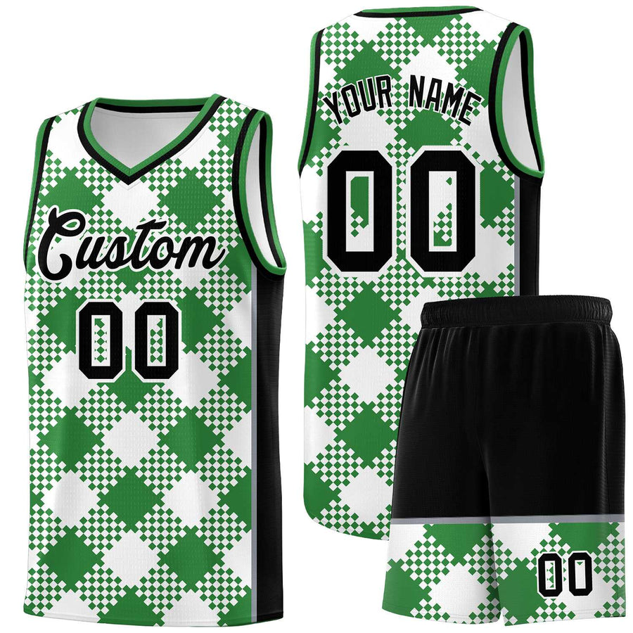 Custom White Kelly Green-Gray Grid Basketball Kits For Team | BuyFootballJersey