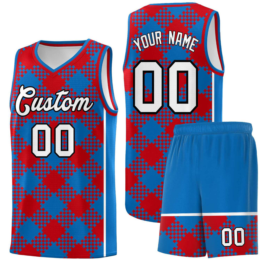 Custom Royal Red-White Grid Basketball Kits For Team | BuyFootballJersey