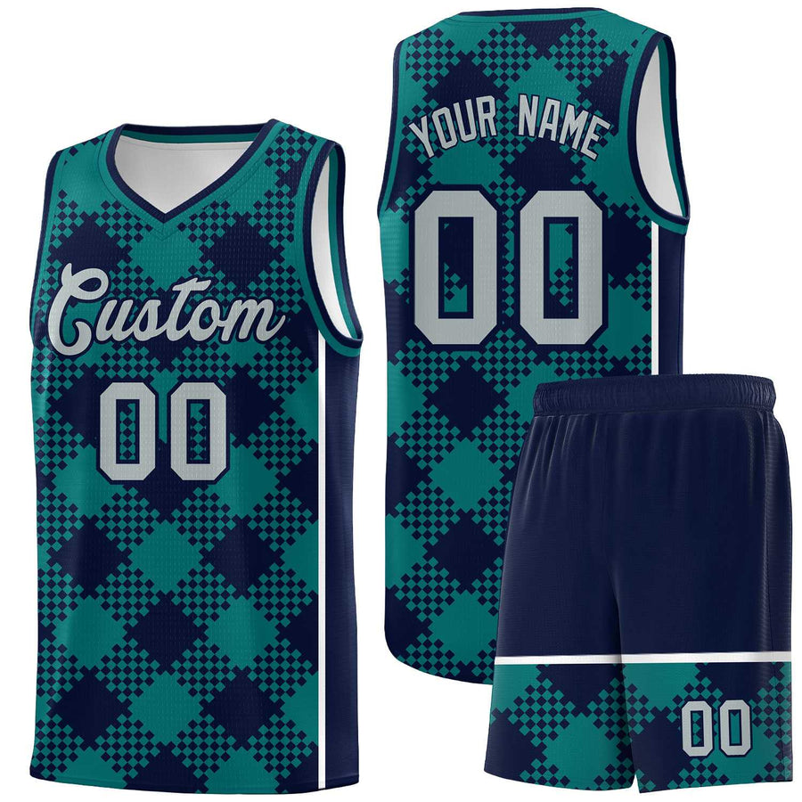 Custom Teal Navy-White Grid Basketball Kits For Team | BuyFootballJersey