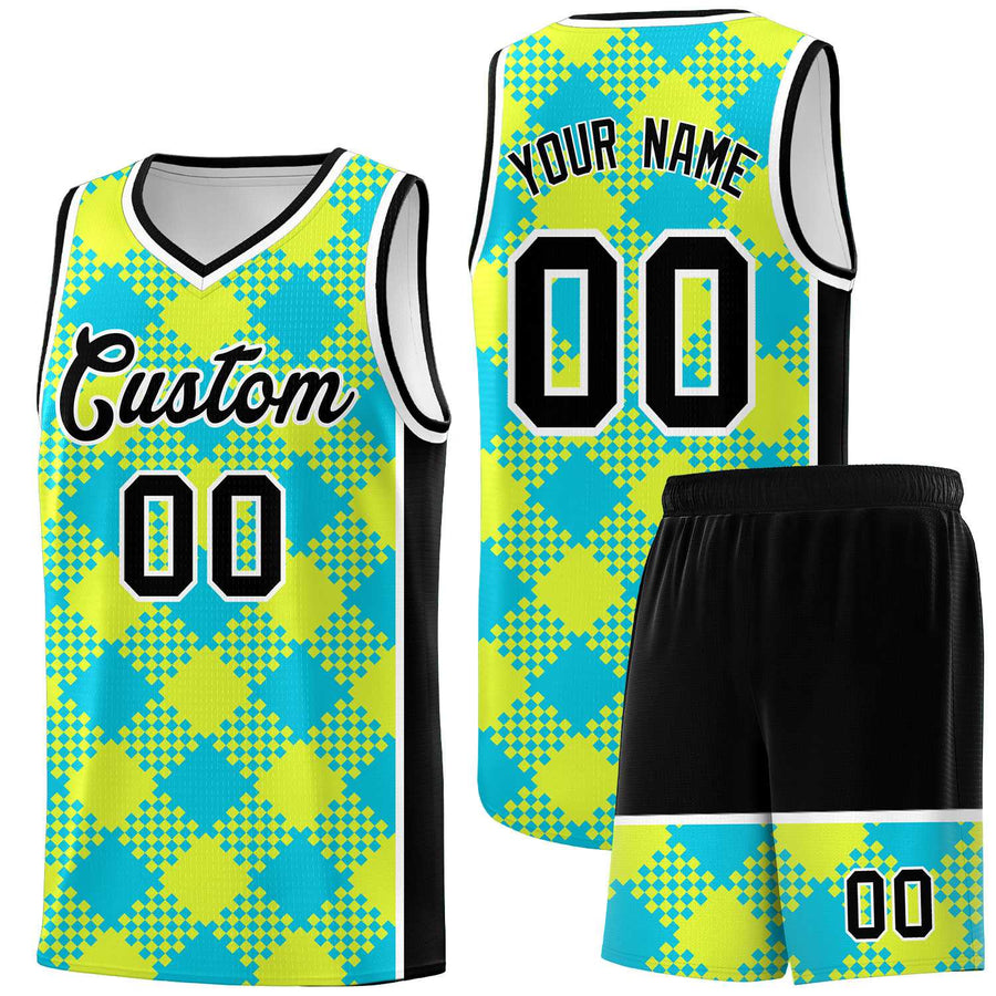 Custom Sky Blue Fluorescent Green-White Grid Basketball Kits For Team | BuyFootballJersey