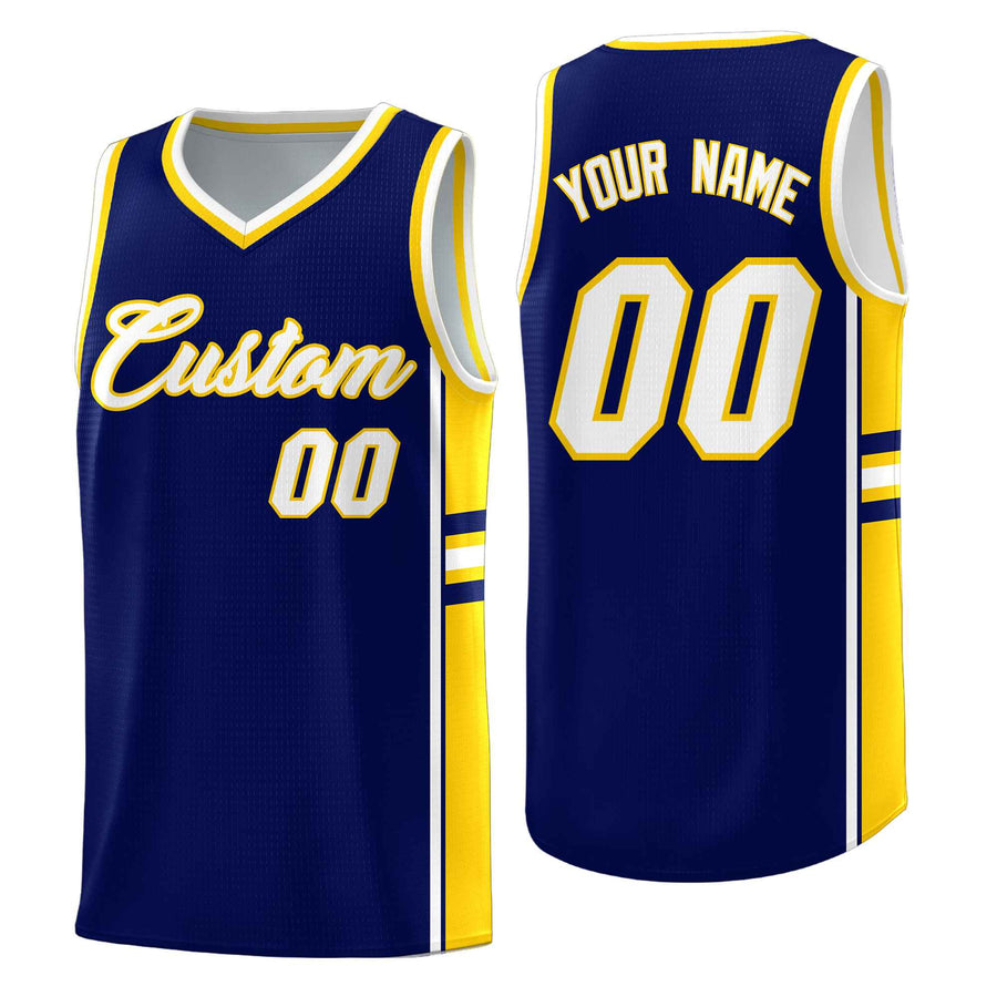 Custom Navy Gold Classic Color Block Quick-Drying Varsity Uniform Basketball Jersey | BuyFootballJersey