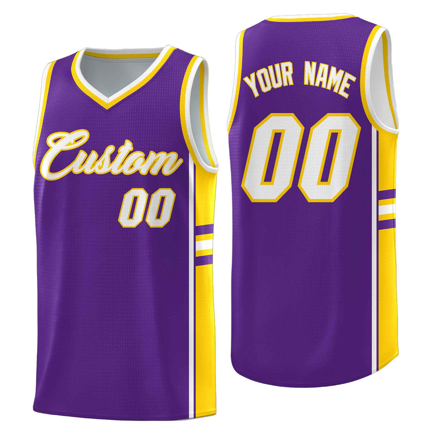 Custom Purple Gold Classic Color Block Breathable Personalized Uniform Basketball Jersey | BuyFootballJersey