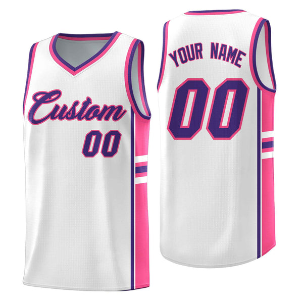 Custom White Pink Classic Color Block Breathable Varsity Uniform Basketball Jersey | BuyFootballJersey