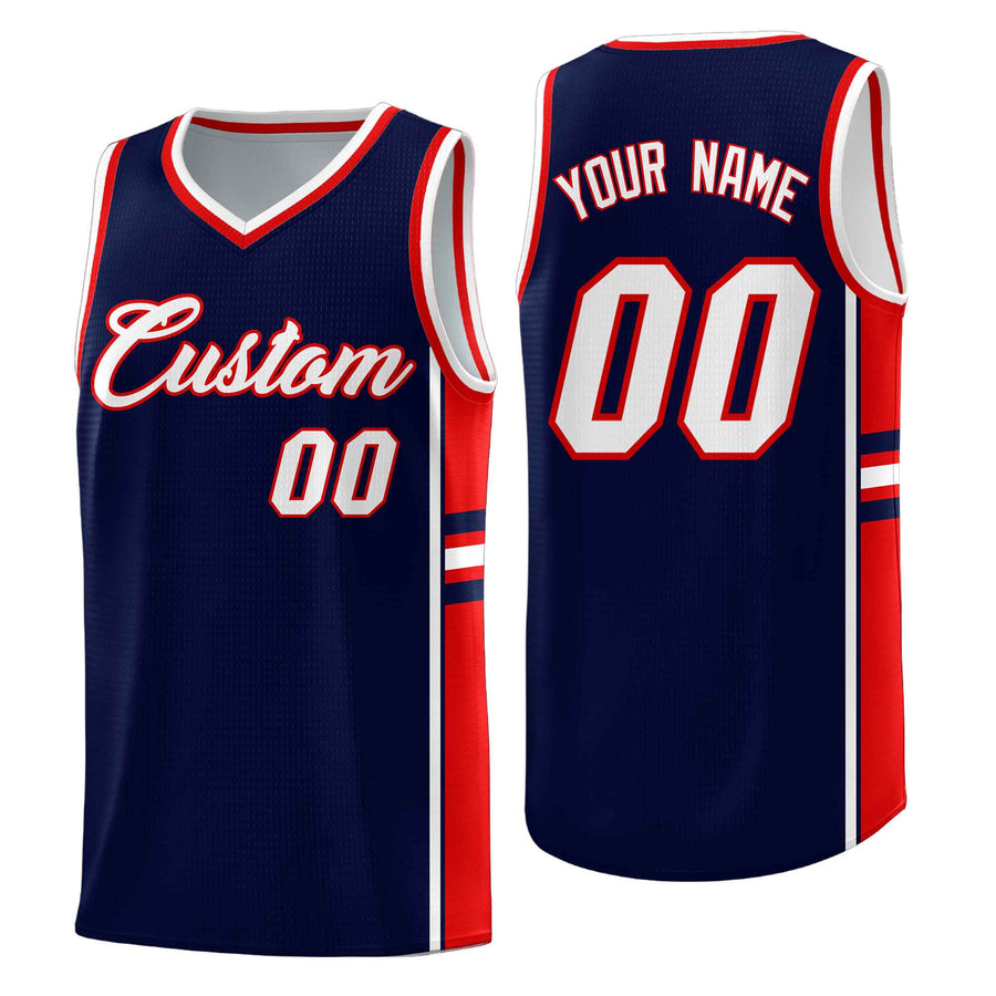 Custom Navy Red Classic Color Block Drapable Varsity Uniform Basketball Jersey | BuyFootballJersey