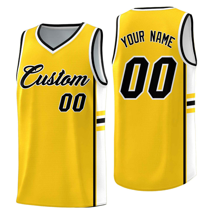 Custom Gold White Classic Color Block Drapable Varsity Uniform Basketball Jersey | BuyFootballJersey