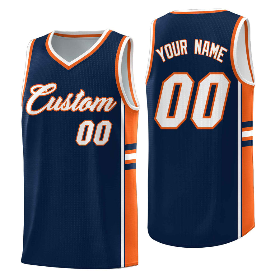 Custom Navy Orange Classic Color Block Drapable Personalized Uniform Basketball Jersey | BuyFootballJersey