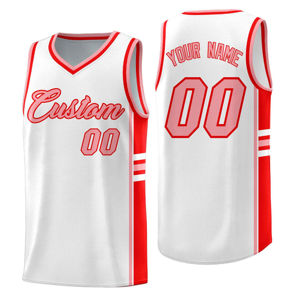 Custom White Light Red Classic Color Block Drapable Varsity Uniform Basketball Jersey | BuyFootballJersey