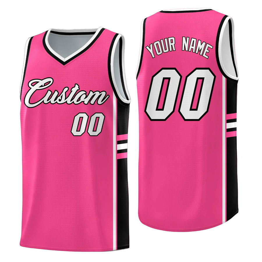 Custom Pink Black Classic Color Block Wrinkle-Resistant Varsity Uniform Basketball Jersey | BuyFootballJersey