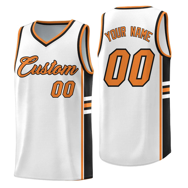 Custom White Gold Orange Classic Color Block Breathable Varsity Uniform Basketball Jersey | BuyFootballJersey