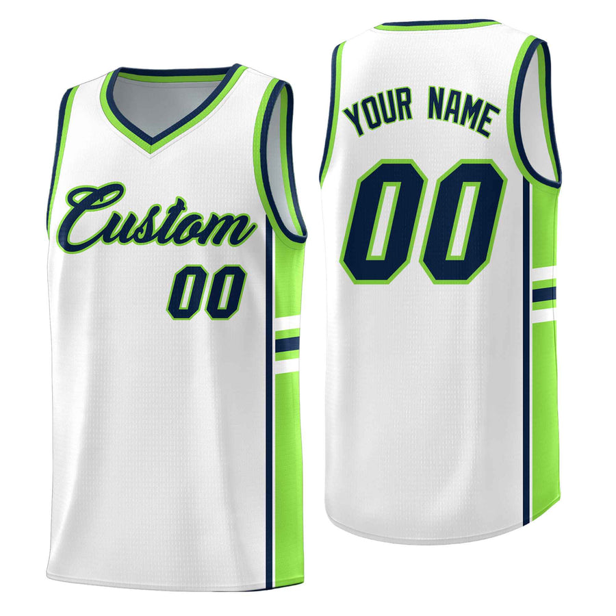 Custom White Fluorescent Green Classic Color Block Wrinkle-Resistant Personalized Uniform Basketball Jersey | BuyFootballJersey