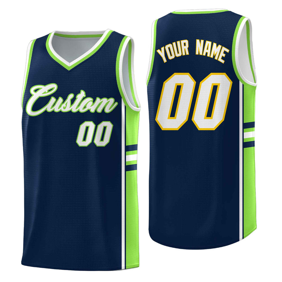 Custom Navy Fluorescent Green Classic Color Block Drapable Varsity Uniform Basketball Jersey | BuyFootballJersey