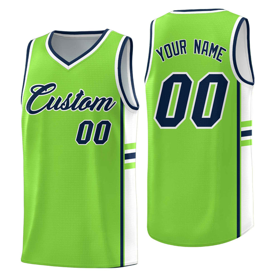 Custom Fluorescent Green White Classic Color Block Breathable Personalized Uniform Basketball Jersey | BuyFootballJersey