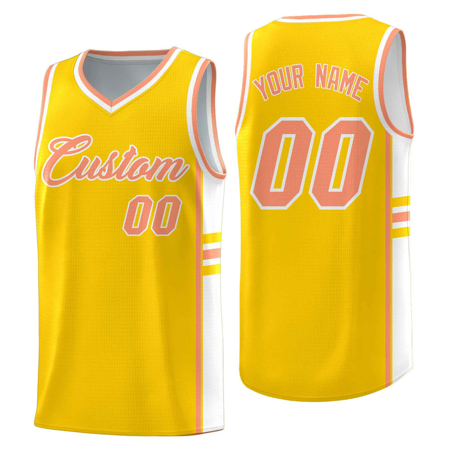 Custom Gold White Classic Color Block Drapable Personalized Uniform Basketball Jersey | BuyFootballJersey