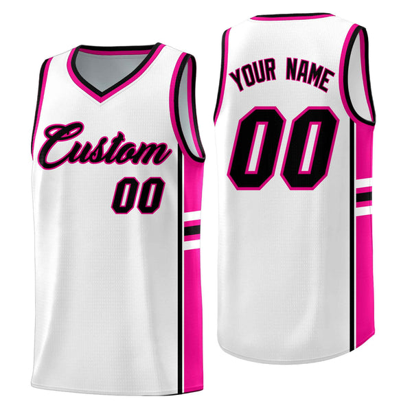 Custom White Pink Classic Color Block Drapable Personalized Uniform Basketball Jersey | BuyFootballJersey