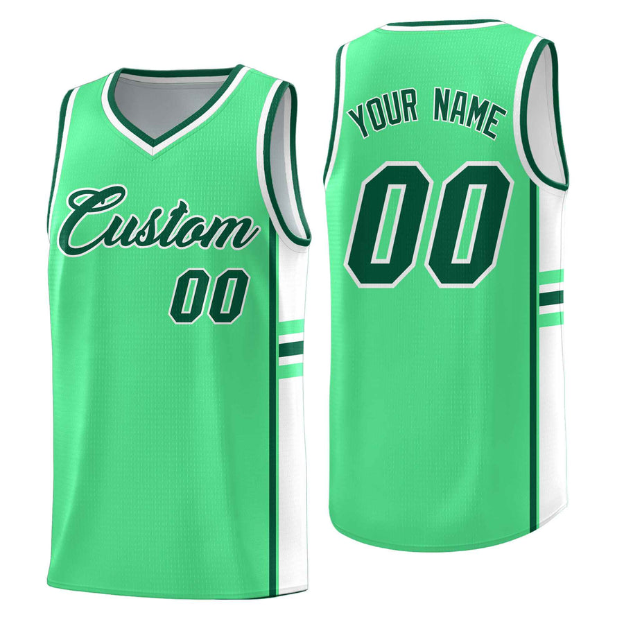 Custom Green White Classic Color Block Drapable Varsity Uniform Basketball Jersey | BuyFootballJersey
