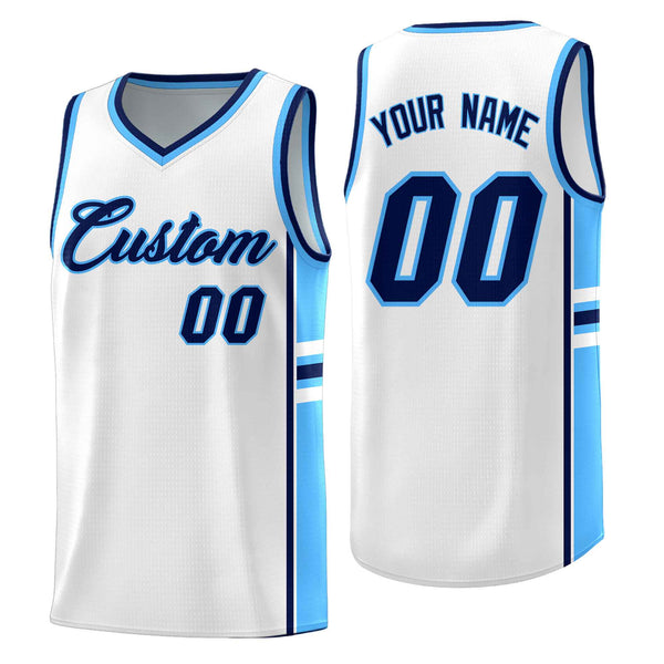 Custom White Powder Blue Classic Color Block Breathable Personalized Uniform Basketball Jersey | BuyFootballJersey