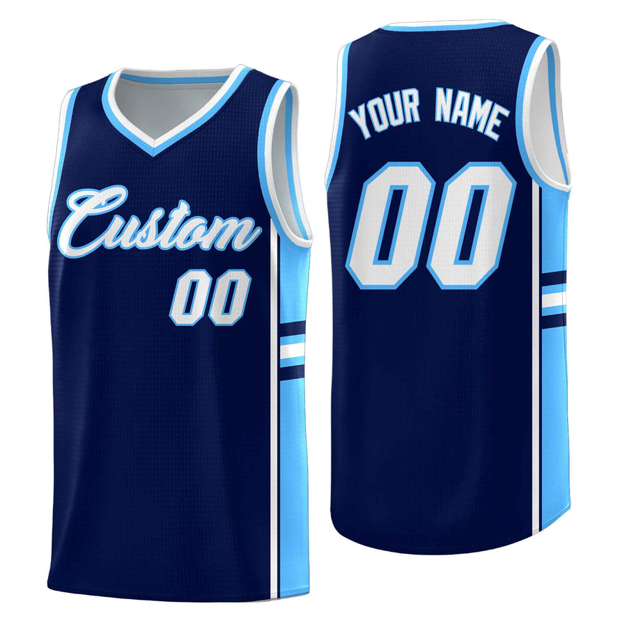 Custom Navy Powder Blue Classic Color Block Quick-Drying Varsity Uniform Basketball Jersey | BuyFootballJersey