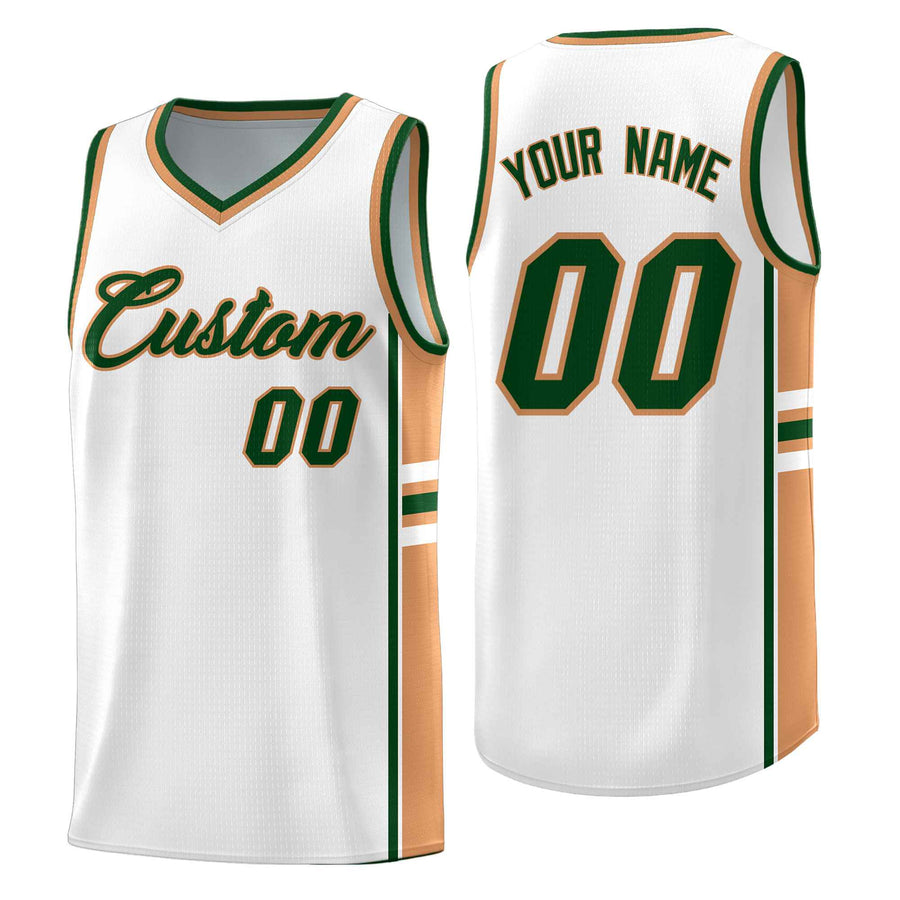 Custom White Buckskin Brown Classic Color Block Wrinkle-Resistant Varsity Uniform Basketball Jersey | BuyFootballJersey