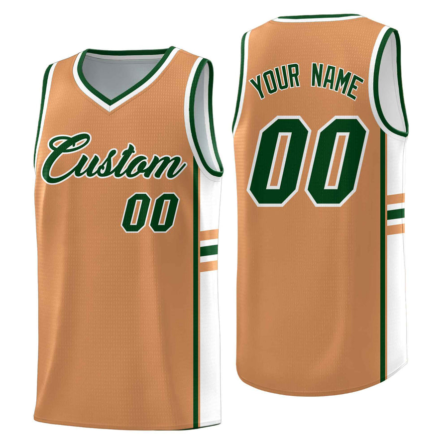 Custom Buckskin Brown White Classic Color Block Breathable Varsity Uniform Basketball Jersey | BuyFootballJersey