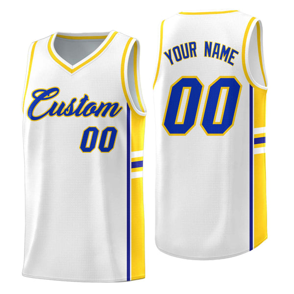 Custom White Fluorescent Yellow Classic Color Block Quick-Drying Personalized Uniform Basketball Jersey | BuyFootballJersey