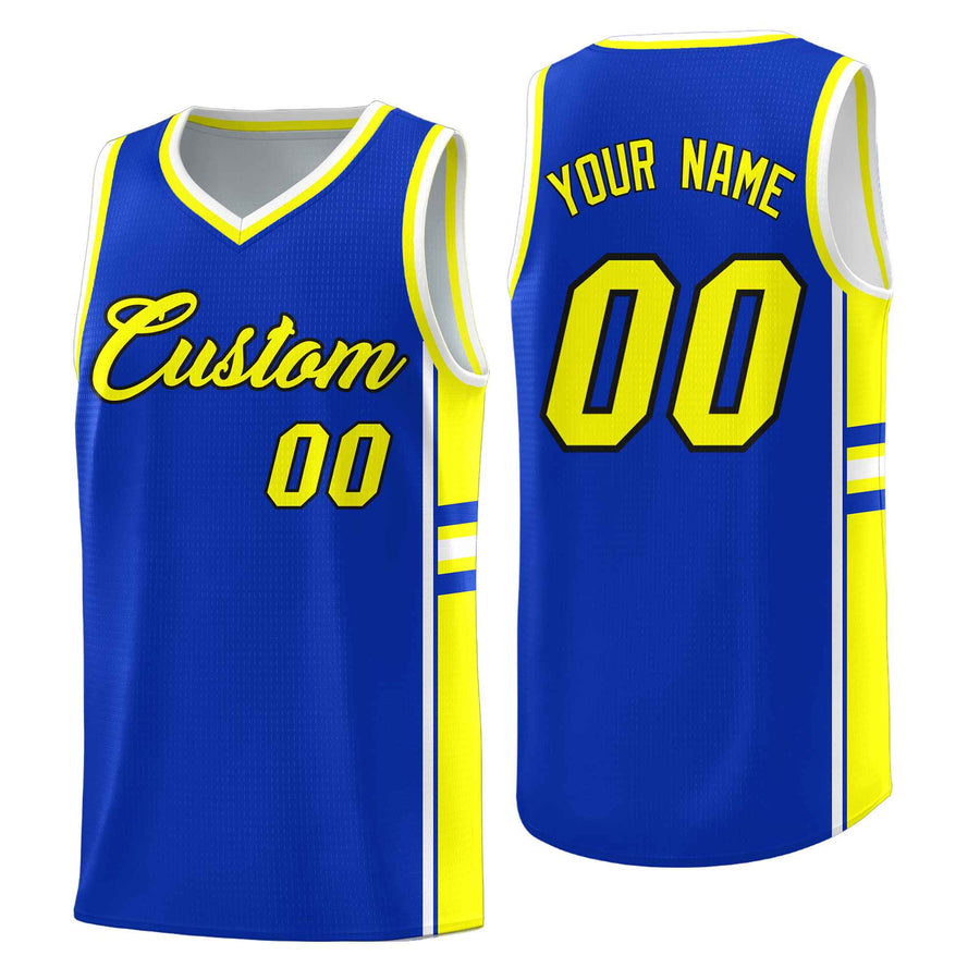 Custom Royal Fluorescent Yellow Classic Color Block Lightweight Varsity Uniform Basketball Jersey | BuyFootballJersey